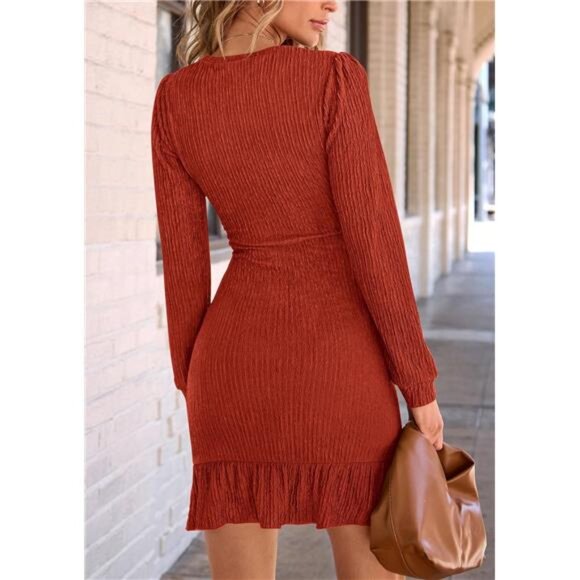 Women's Fall Ruched Bodycon Mini Dress – Long Puff Sleeves - Picture 2 of 7